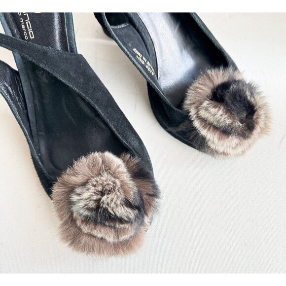 Suede Leather Fur Rosette Detail Peep toe Sling Back Heels 6.5 - Picture 2 of 11